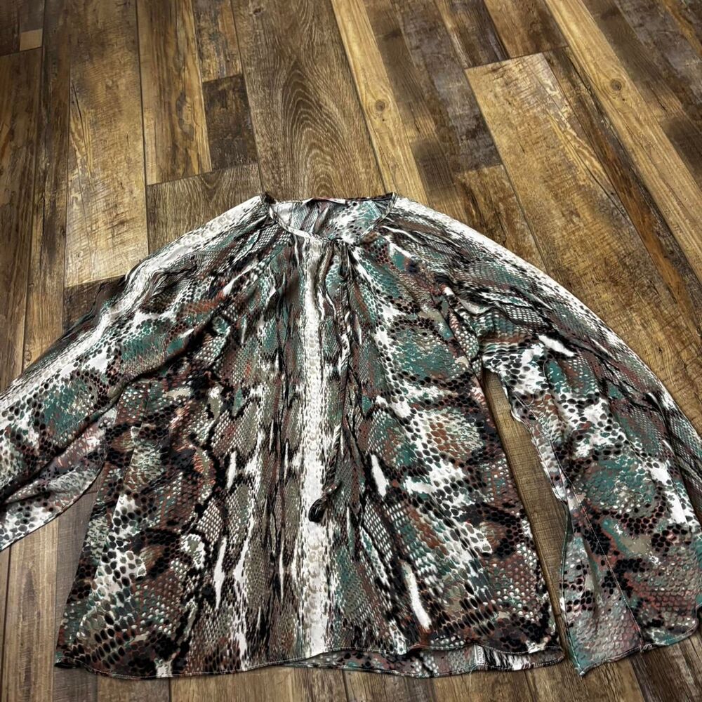 BUDDY LOVE Small Snakeskin Slit Long Sleeve Dressy Brown White Women's Blouse